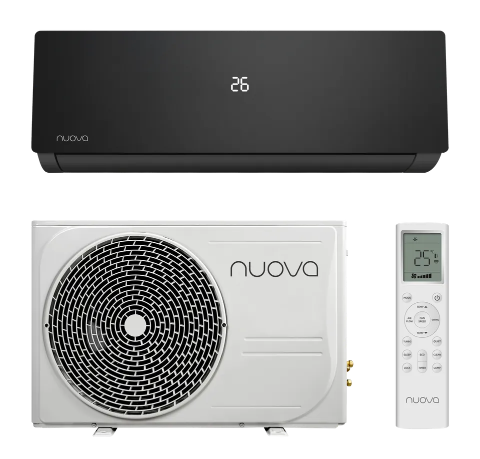 Nuova Infinity AI Smart 3,5 kW zwart – nuova wandairconditioner afgebeeld met buitenunit en afstandsbediening, zwart-wit