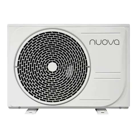 Nuova Infinity AI Smart 3,5 kW zwart – witte Nuovo buitenunit voor airconditioning met groot rond ventilatorrooster aan de voorzijde