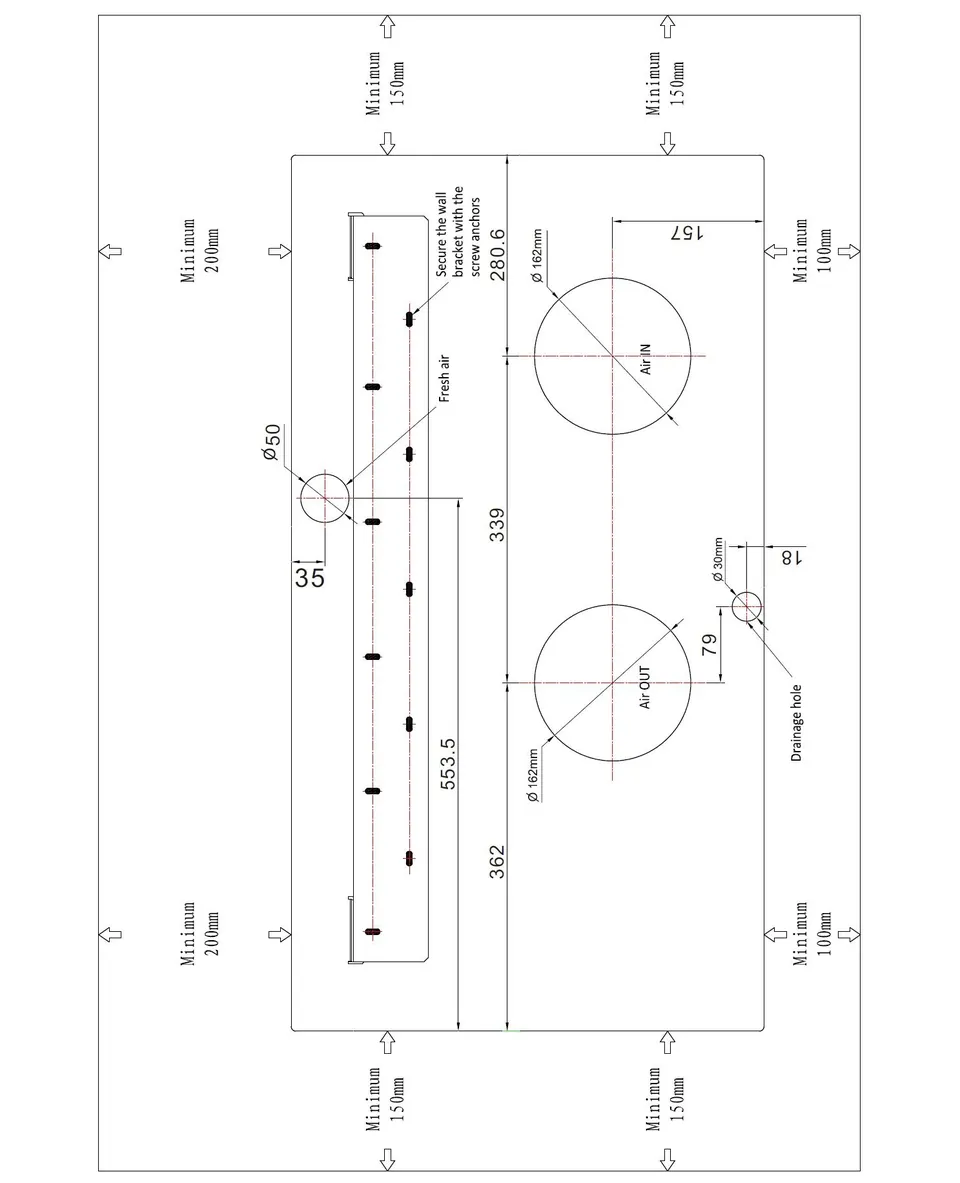 Nuova Polar Plus 2,5 kW – gedraaid zwart-wit technisch diagram met cirkels, pijlen en meetaanduidingen op een witte pagina