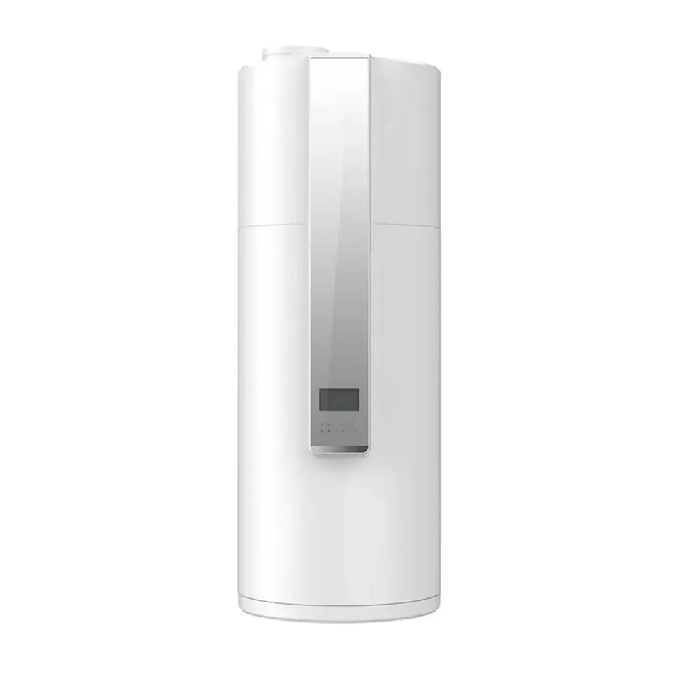Nuova warmtepompboiler 190 L – witte cilindrische waterverwarmer met een zilverkleurig frontpaneel en een klein display