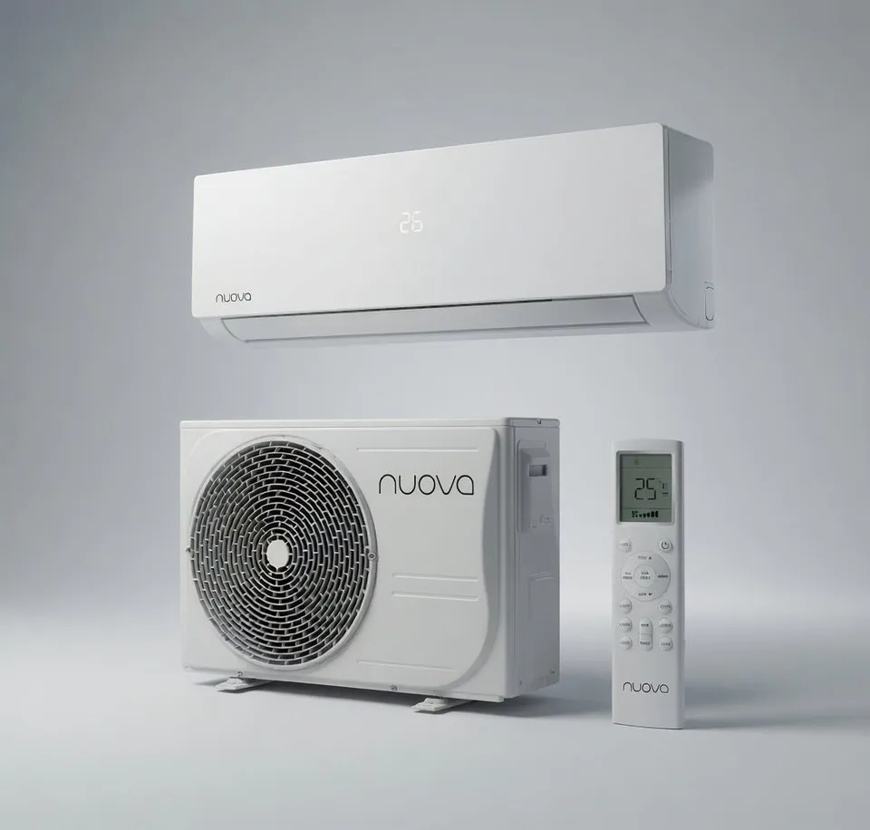 Plug-and-playset 2,5 kW – witte wandgemonteerde airconditioner, buitenunit (compressor) en afstandsbediening op een grijze achtergrond