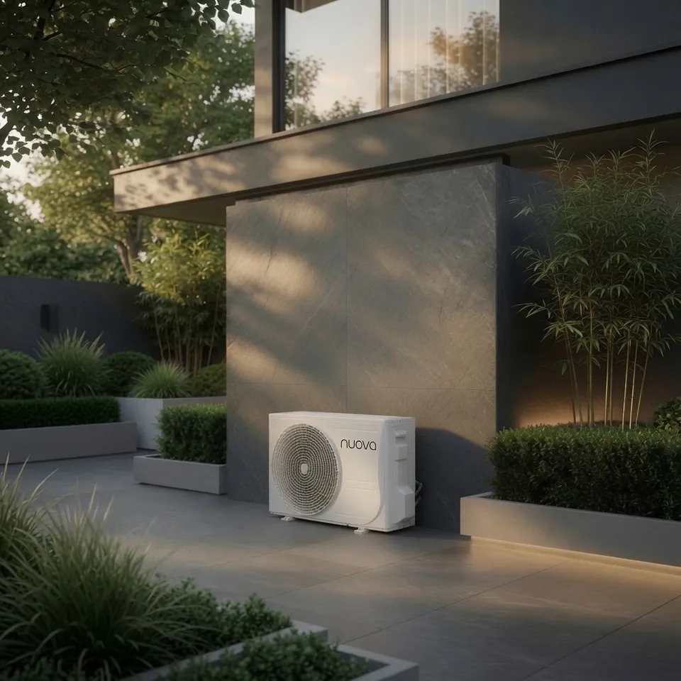 Plug-and-playset 2,5 kW – witte buitenunit van de airconditioning naast een moderne huismuur, omgeven door planten in de schemering