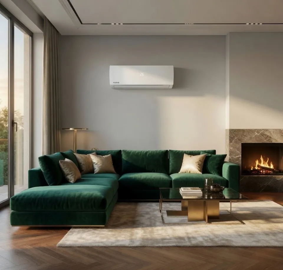 Professionele plug-and-playset 3,5 kW – moderne woonkamer met groene hoekbank, open haard, grote ramen en airconditioning aan de muur